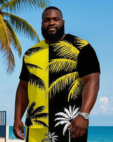 Men's Splicing Coconut Trees silhouette Printed Casual Big Size Short Sleeve T-shirt Shorts Set
